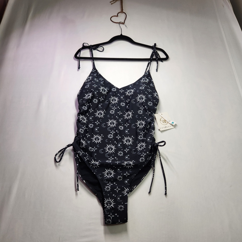 ⭐️NWT Cyn & Luca Celestial One Piece Swimsuit Large Black Ruched  Whimsigoth